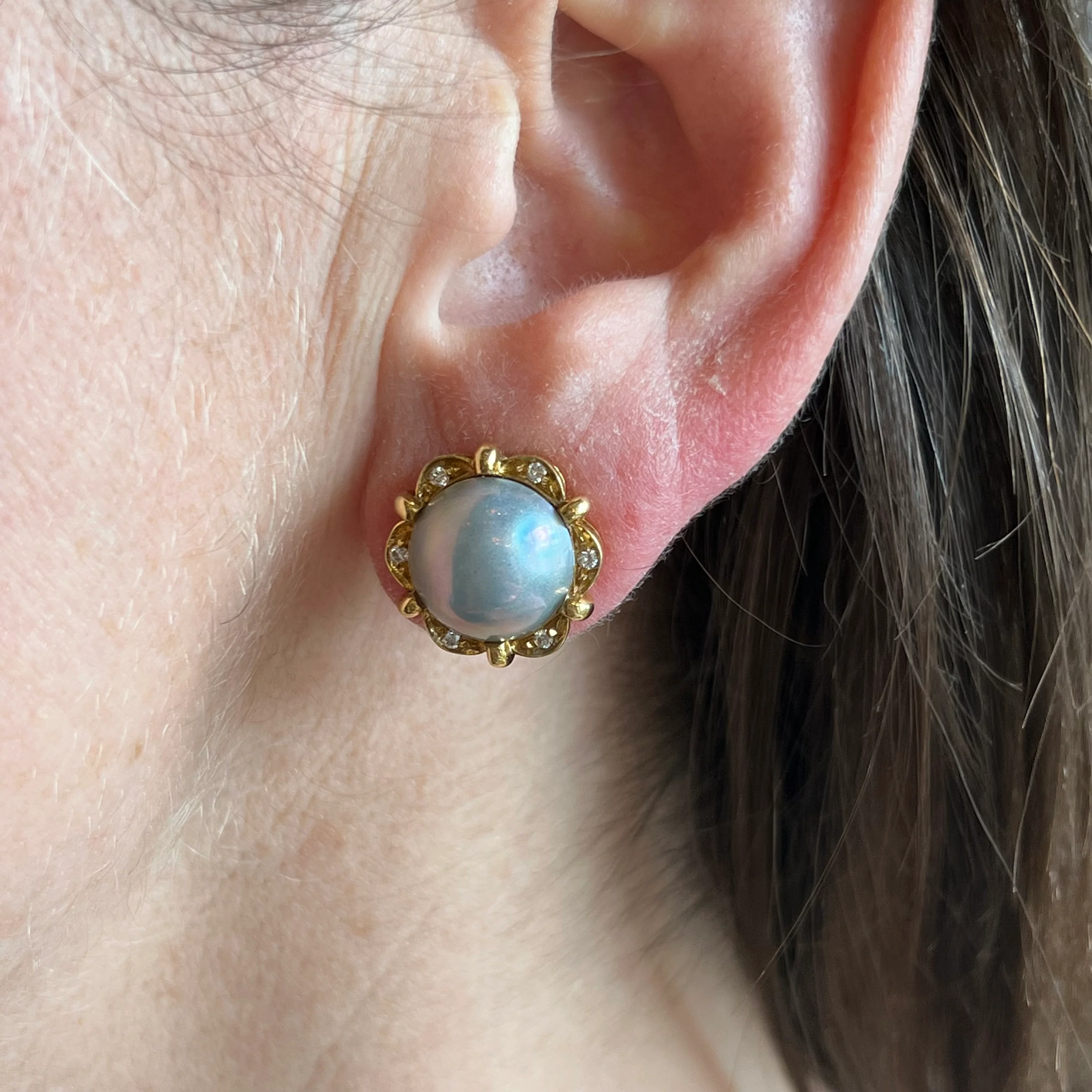 Vintage Mid-Century Pearl Earrings w/ Diamonds - Image 4