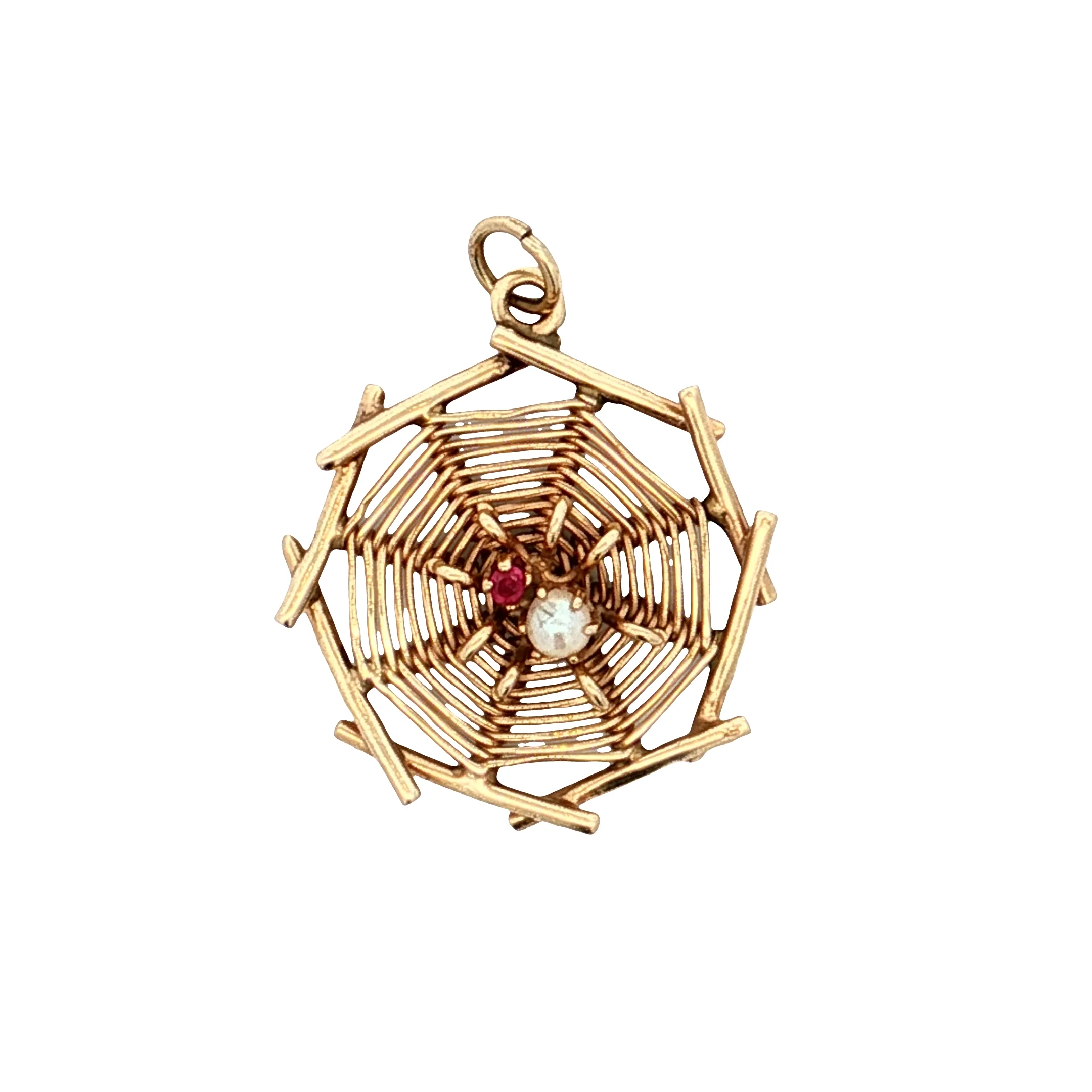 Vintage Mid-Century Ruby & Pearl Spider Pendant 14k