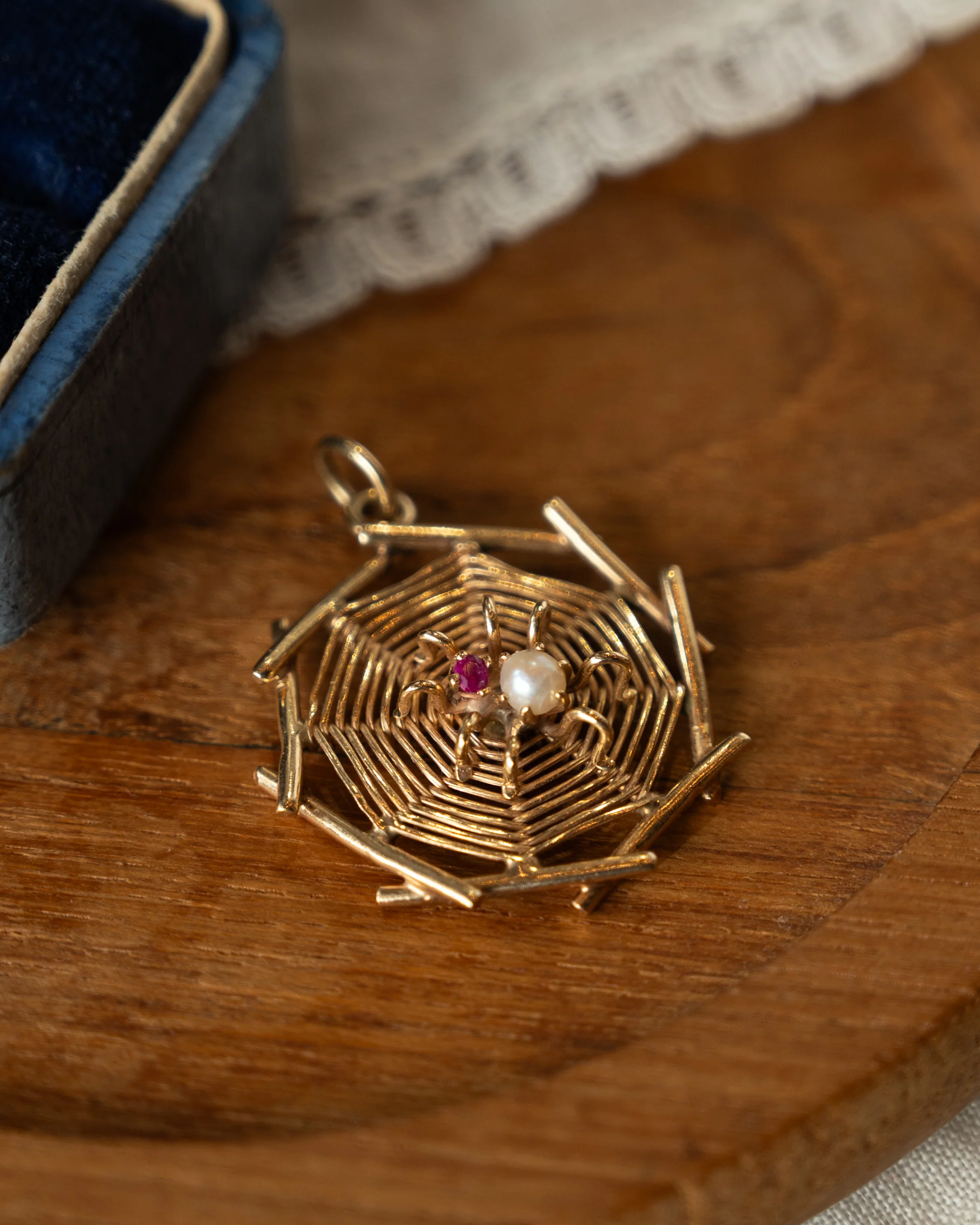 Vintage Mid-Century Ruby & Pearl Spider Pendant 14k - Image 3