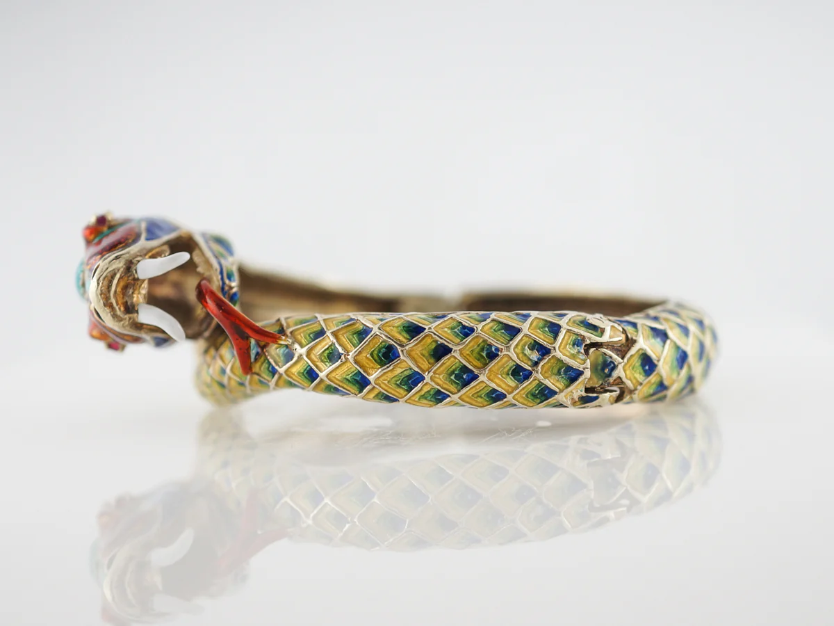 Vintage Mid-Century Snake Bracelet W/ Rubies in Yellow Gold - Image 2