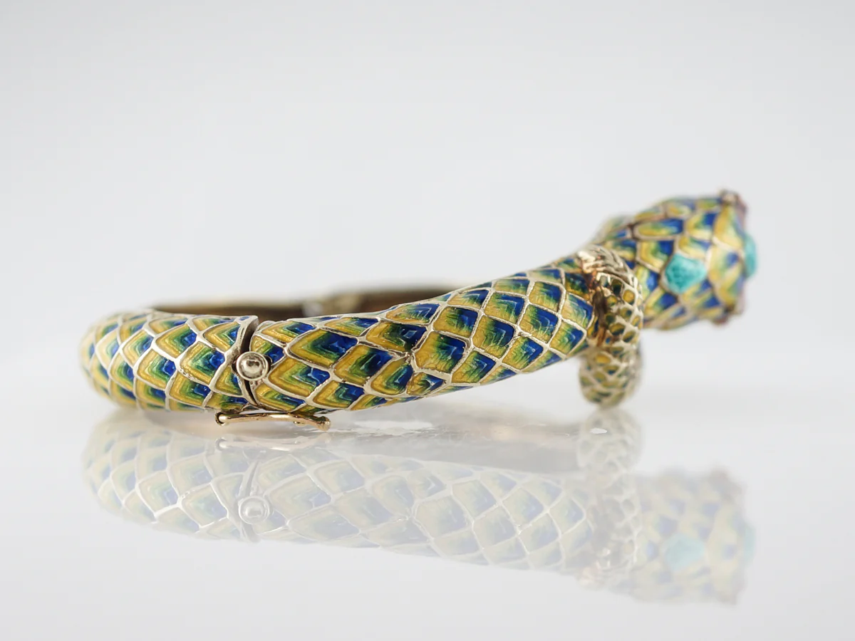 Vintage Mid-Century Snake Bracelet W/ Rubies in Yellow Gold - Image 3