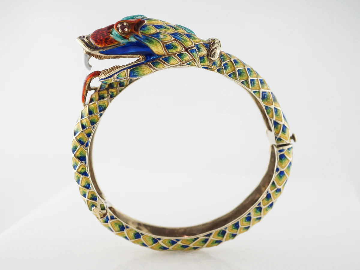 Vintage Mid-Century Snake Bracelet W/ Rubies in Yellow Gold - Image 4