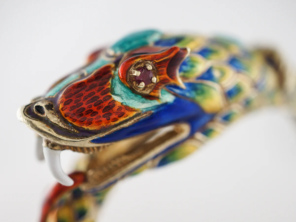 Vintage Mid-Century Snake Bracelet W/ Rubies in Yellow Gold - Image 6
