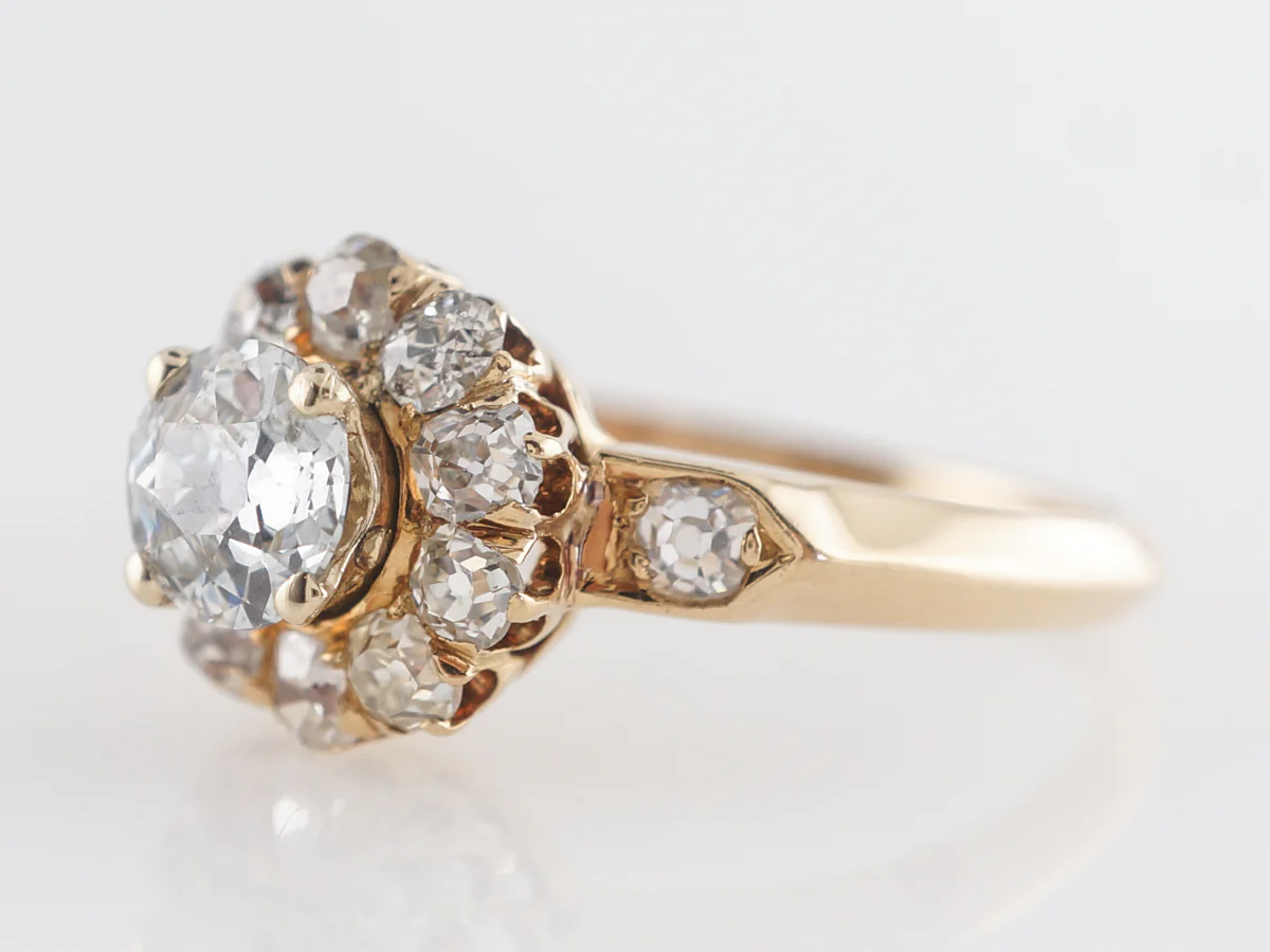 Vintage Mine Cut Halo Diamond Engagement Ring in Yellow Gold - Image 2