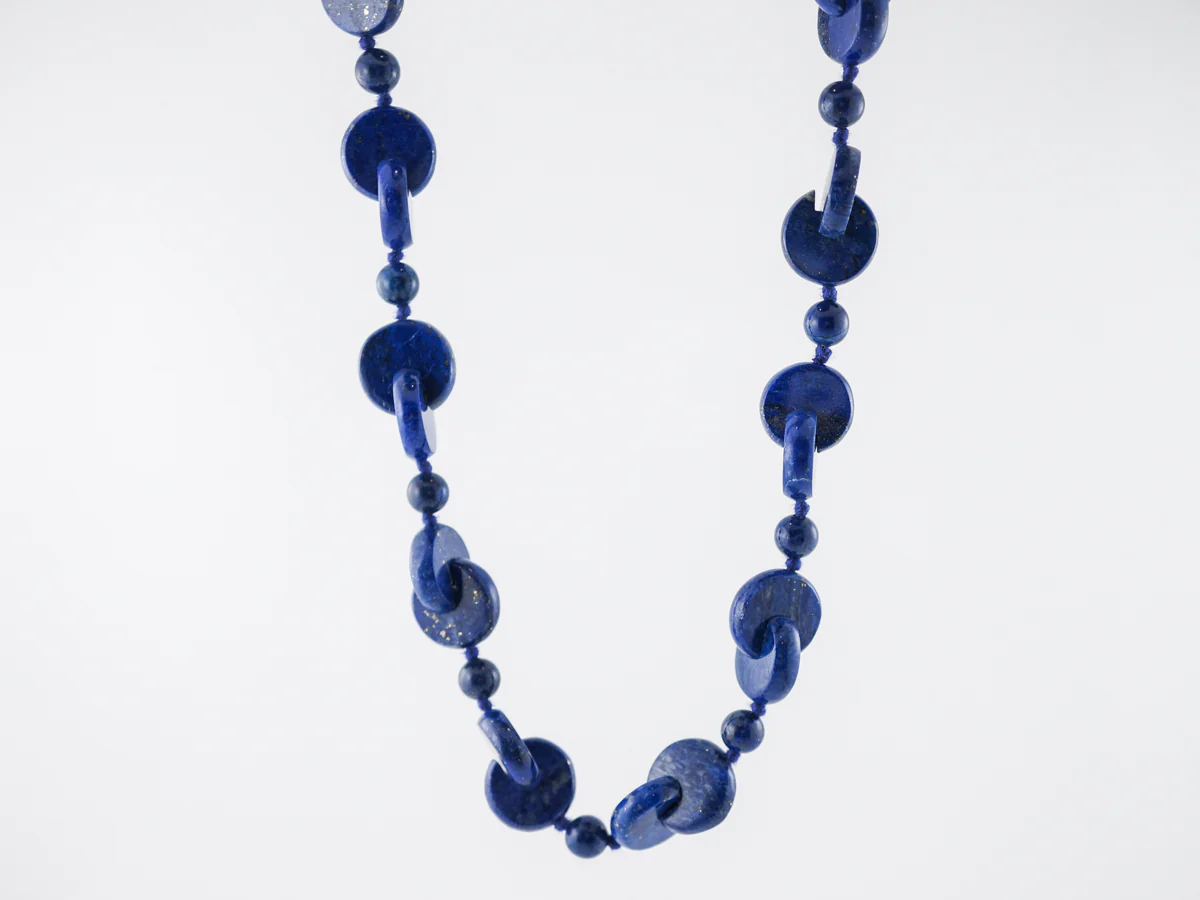 Vintage Necklace Mid Century Carved Lapis in 14k Yellow Gold