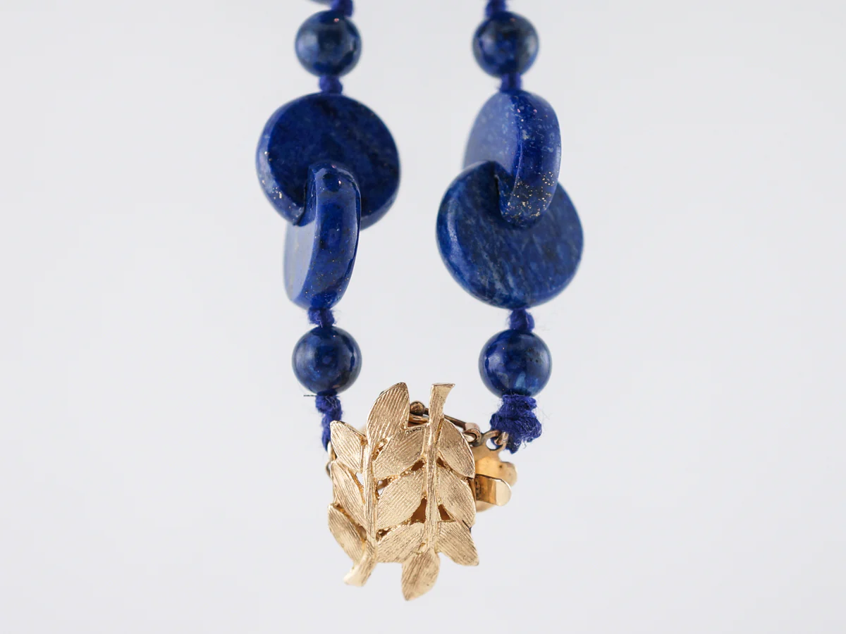 Vintage Necklace Mid Century Carved Lapis in 14k Yellow Gold - Image 3