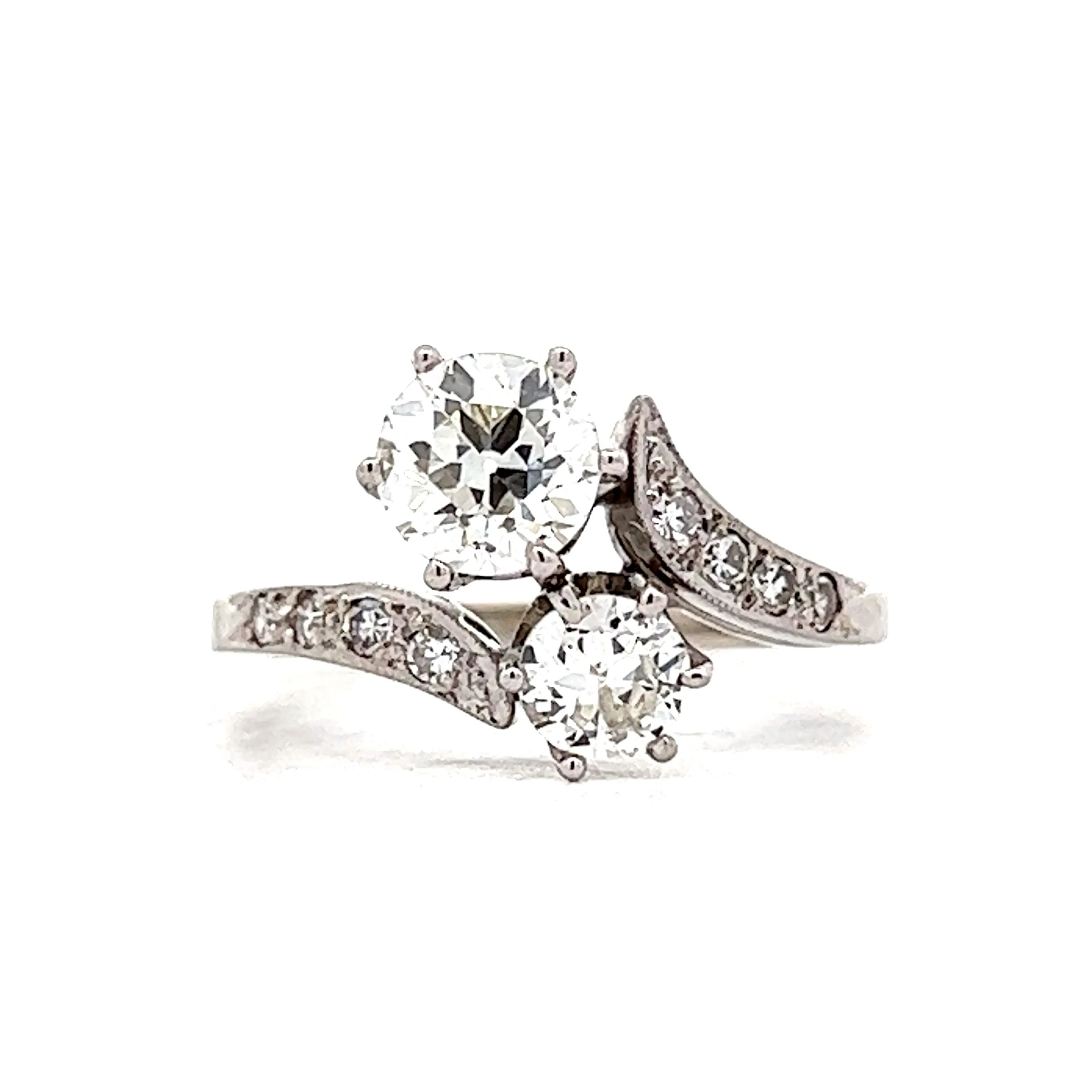 Vintage Old European Cut Toi Et Moi Engagement Ring in 14k White Gold