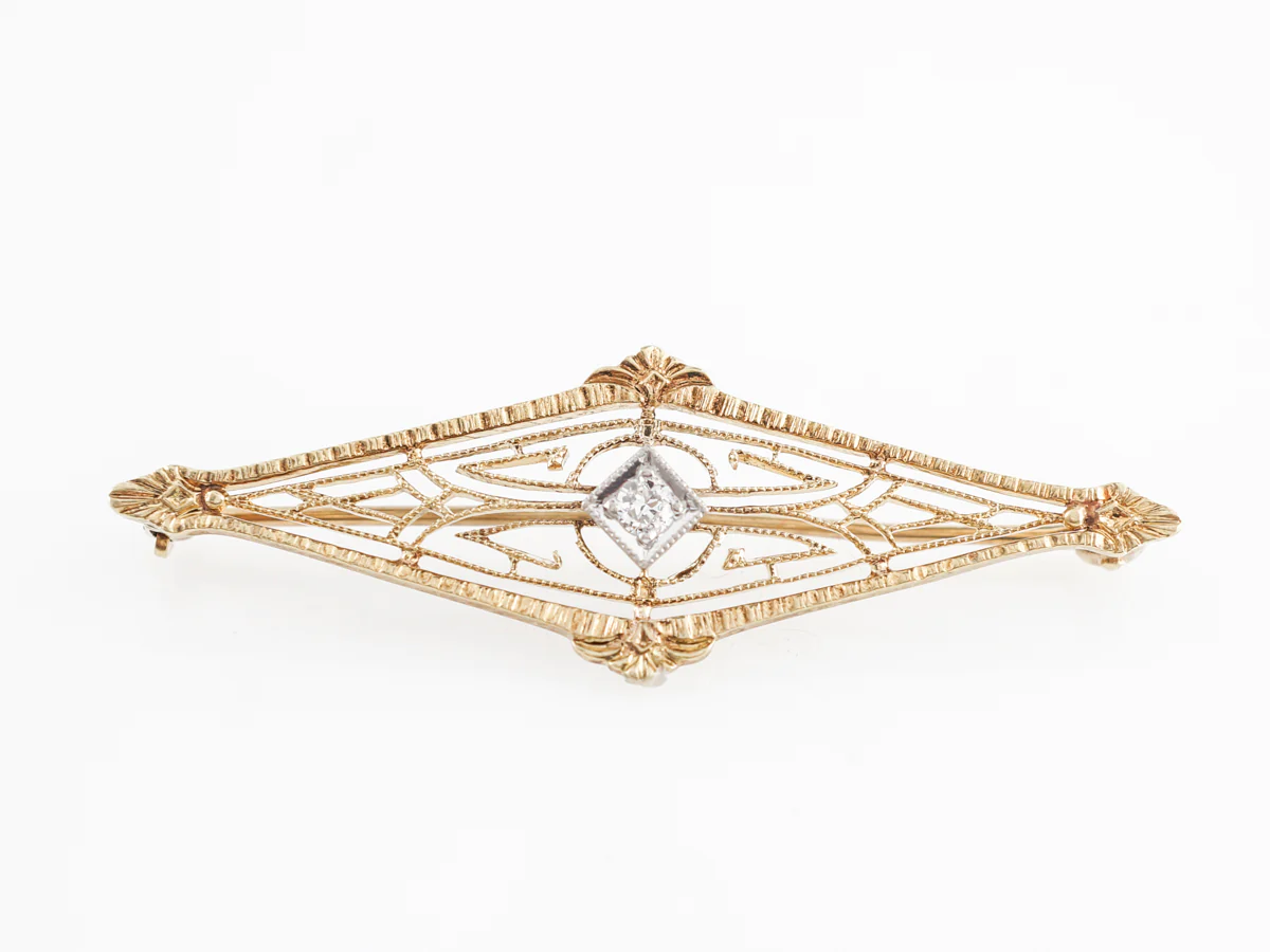 Vintage Retro Filigree Brooch w/ Old European Cut Diamond