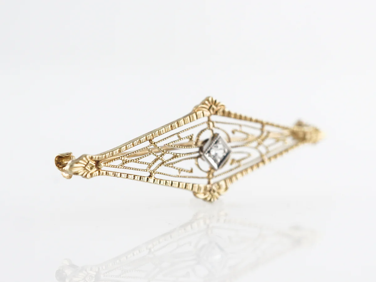 Vintage Retro Filigree Brooch w/ Old European Cut Diamond - Image 3