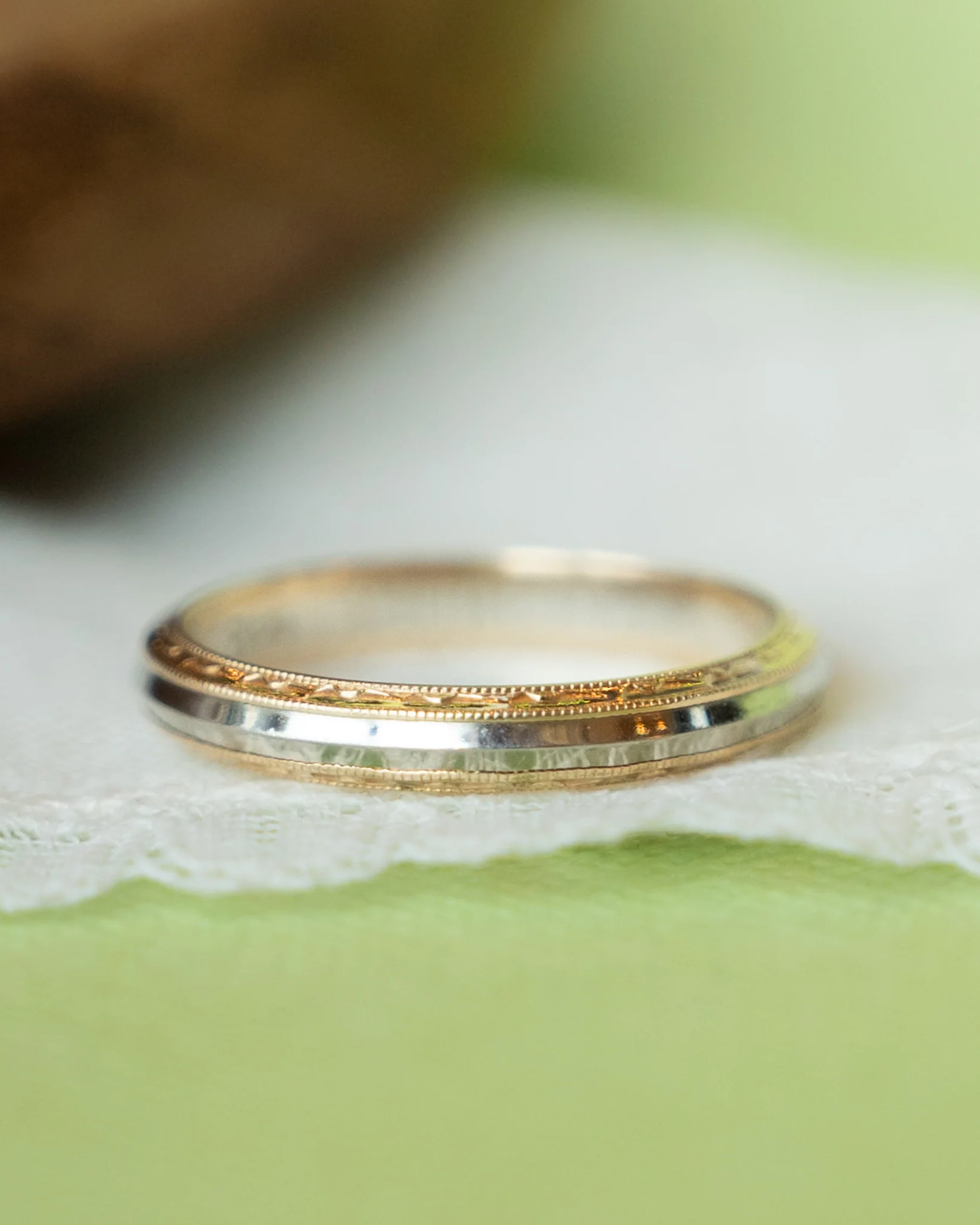 Vintage Retro Two-Tone Milgrain Wedding Band in 14k - Image 6
