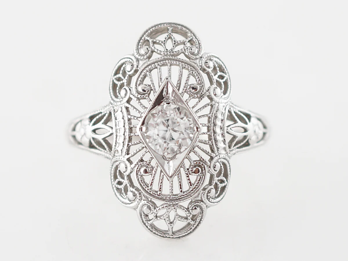 Vintage Right Hand Ring Art Deco .34 Old Mine Cut Diamond in 18k White Gold