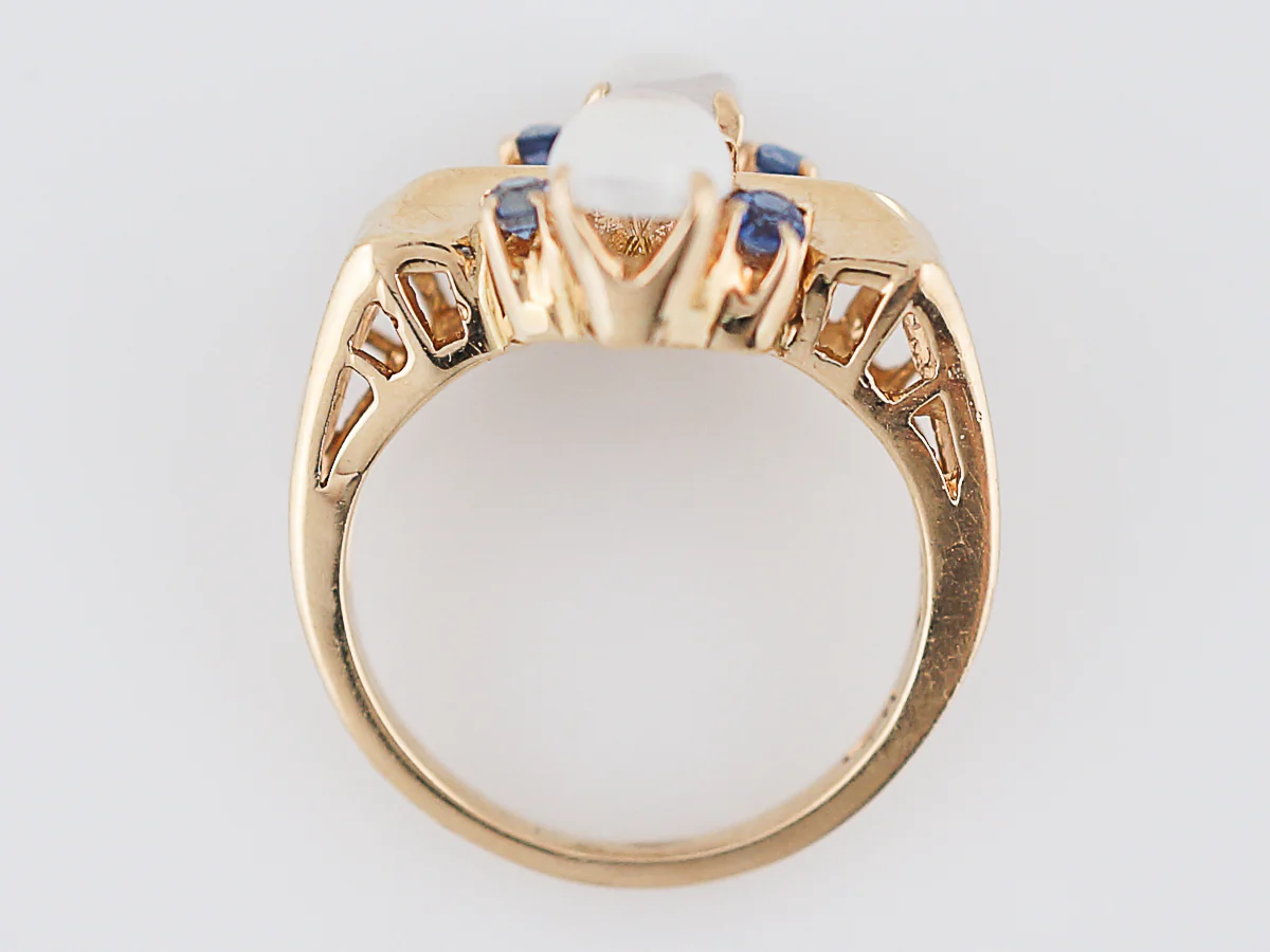 Vintage Right Hand Ring Late Art Deco 1.40 Cabochon Cut Moonstones & Sapphires in 14k Yellow Gold - Image 6