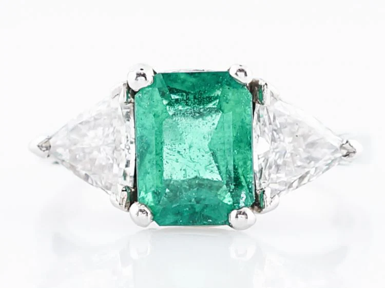 Vintage Right Hand Ring Mid-Century 1.41 Emerald Cut Emerald & 1.08 Trilliant Cut Diamonds in Platinum