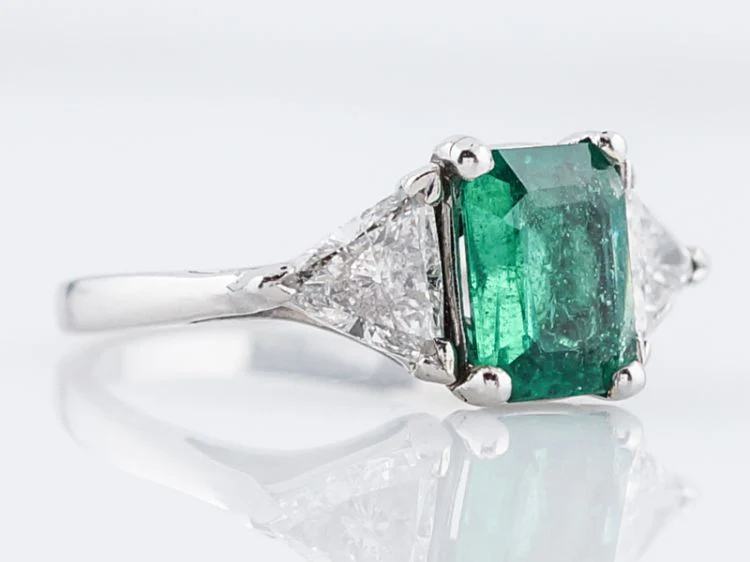 Vintage Right Hand Ring Mid-Century 1.41 Emerald Cut Emerald & 1.08 Trilliant Cut Diamonds in Platinum - Image 2