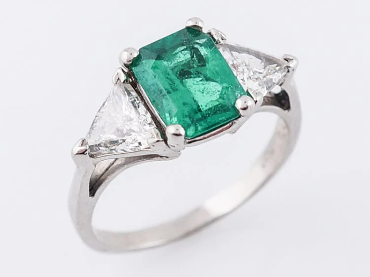 Vintage Right Hand Ring Mid-Century 1.41 Emerald Cut Emerald & 1.08 Trilliant Cut Diamonds in Platinum - Image 4