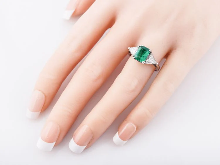 Vintage Right Hand Ring Mid-Century 1.41 Emerald Cut Emerald & 1.08 Trilliant Cut Diamonds in Platinum - Image 6