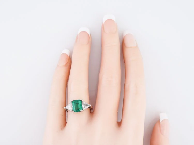 Vintage Right Hand Ring Mid-Century 1.41 Emerald Cut Emerald & 1.08 Trilliant Cut Diamonds in Platinum - Image 7