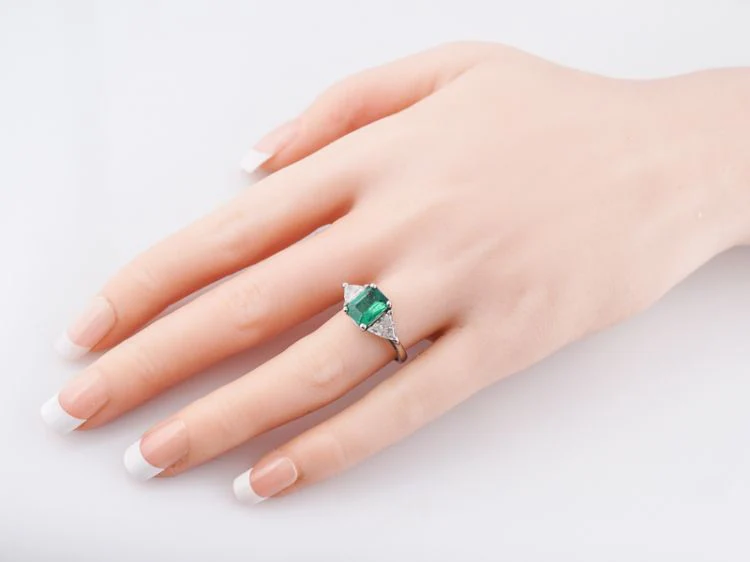 Vintage Right Hand Ring Mid-Century 1.41 Emerald Cut Emerald & 1.08 Trilliant Cut Diamonds in Platinum - Image 9