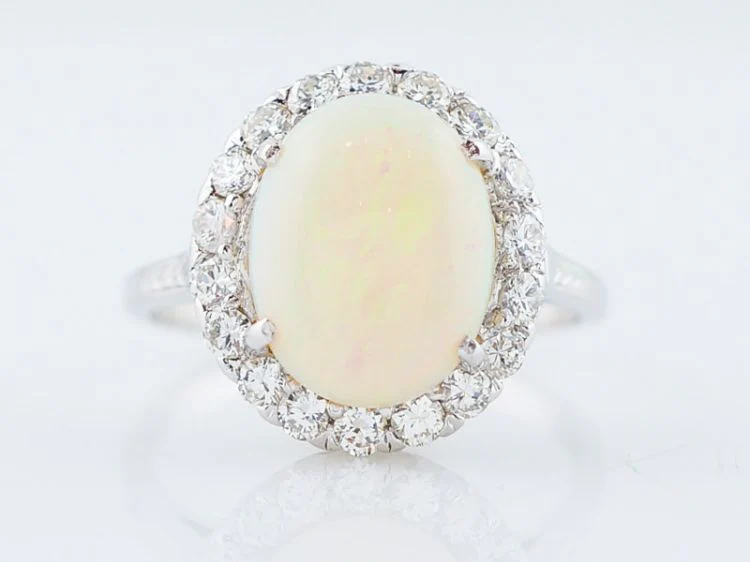 Vintage Right Hand Ring Mid-Century 2.83 Cabochon Cut Opal & .60 Round Brilliant Cut Diamonds in 18k White Gold