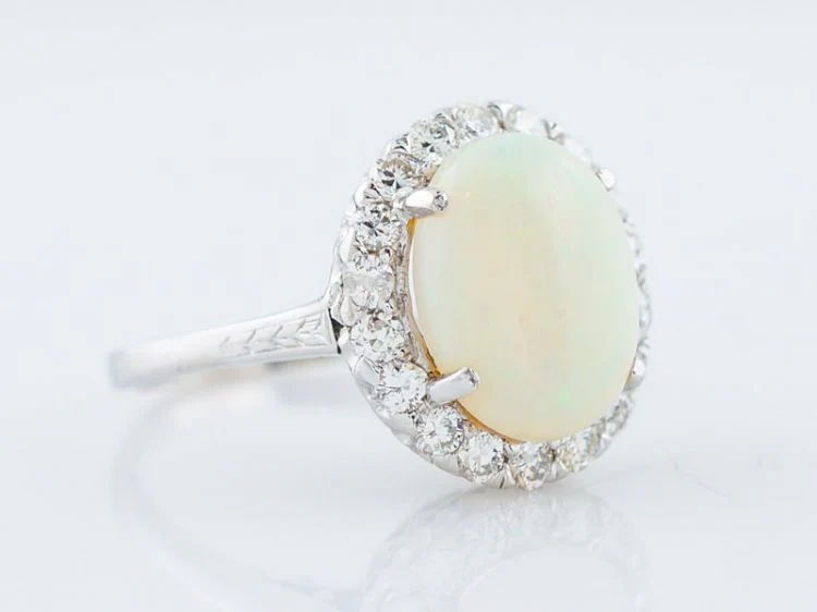 Vintage Right Hand Ring Mid-Century 2.83 Cabochon Cut Opal & .60 Round Brilliant Cut Diamonds in 18k White Gold - Image 2