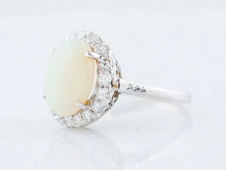 Vintage Right Hand Ring Mid-Century 2.83 Cabochon Cut Opal & .60 Round Brilliant Cut Diamonds in 18k White Gold - Image 3