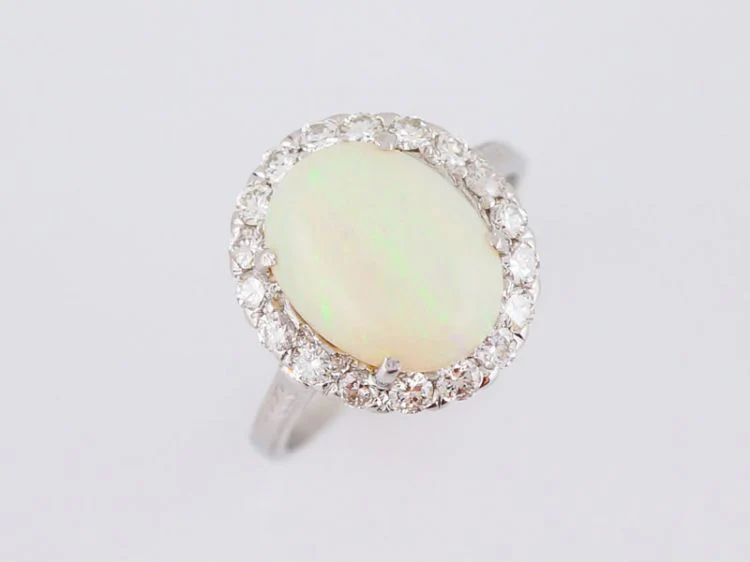Vintage Right Hand Ring Mid-Century 2.83 Cabochon Cut Opal & .60 Round Brilliant Cut Diamonds in 18k White Gold - Image 4