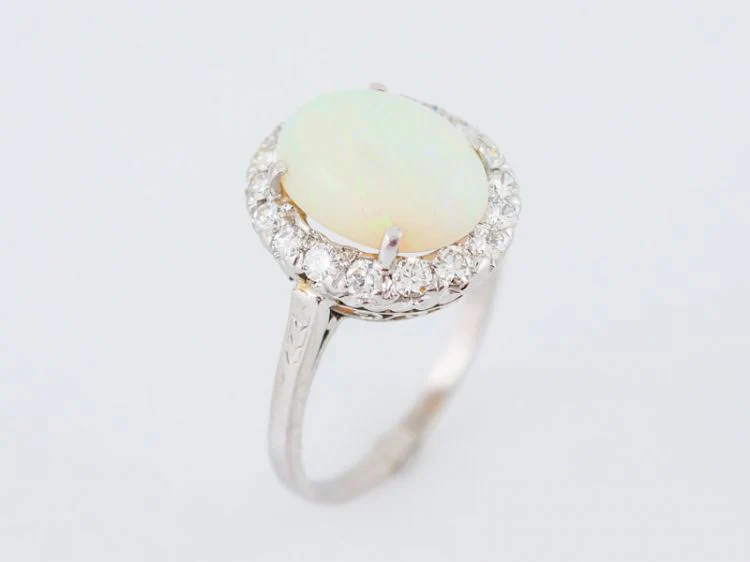 Vintage Right Hand Ring Mid-Century 2.83 Cabochon Cut Opal & .60 Round Brilliant Cut Diamonds in 18k White Gold - Image 5