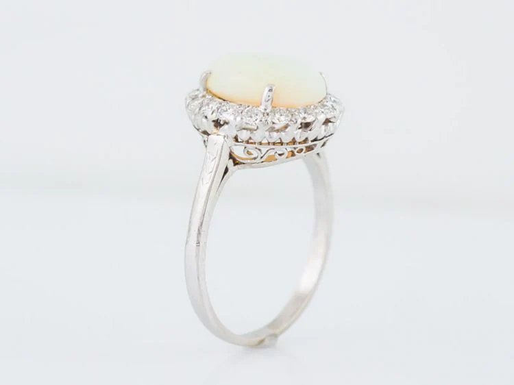 Vintage Right Hand Ring Mid-Century 2.83 Cabochon Cut Opal & .60 Round Brilliant Cut Diamonds in 18k White Gold - Image 6