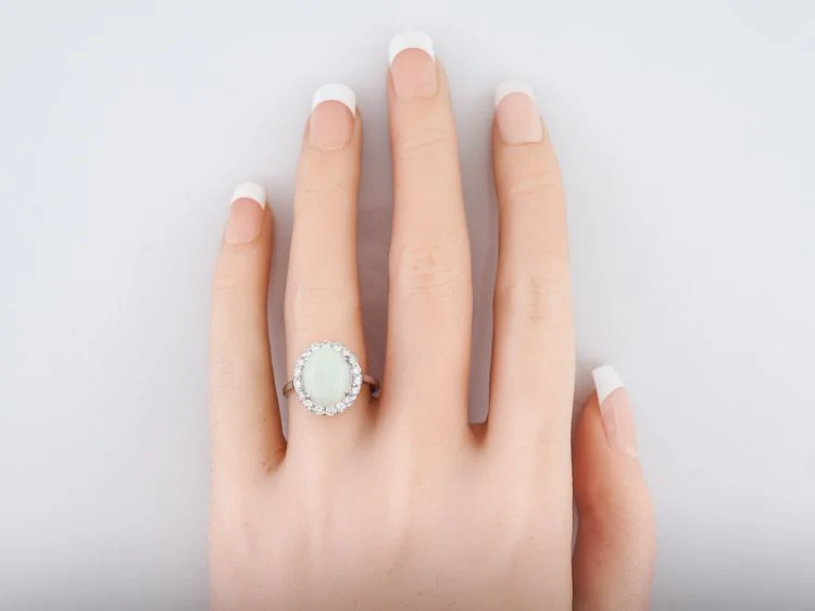 Vintage Right Hand Ring Mid-Century 2.83 Cabochon Cut Opal & .60 Round Brilliant Cut Diamonds in 18k White Gold - Image 7