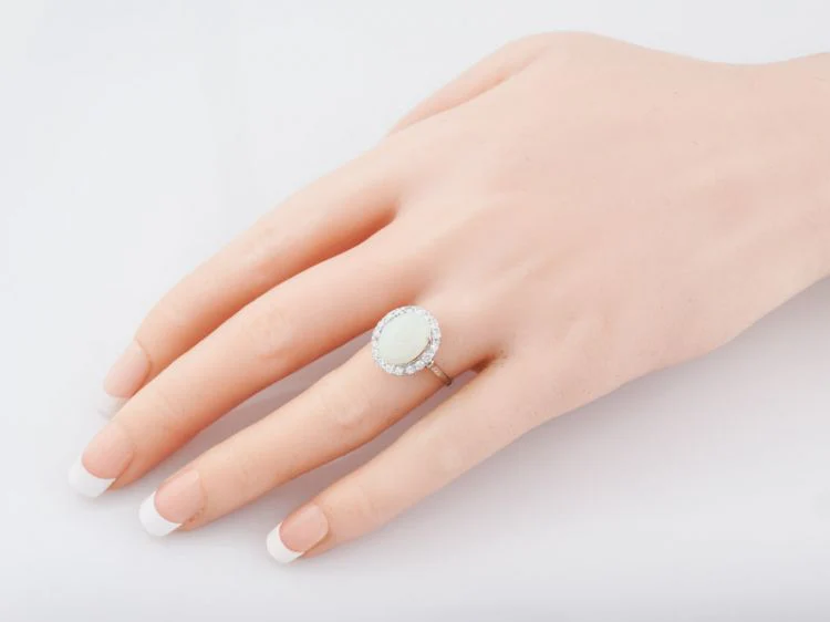 Vintage Right Hand Ring Mid-Century 2.83 Cabochon Cut Opal & .60 Round Brilliant Cut Diamonds in 18k White Gold - Image 8