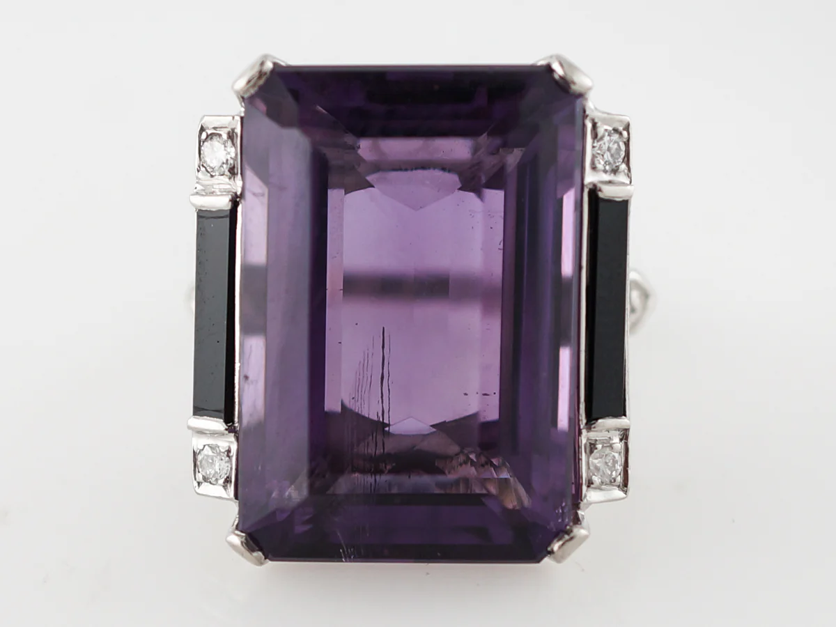 Vintage Right Hand Ring Mid-Century 24.30 Emerald Cut Amethyst & Onyx in Platinum - Image 2