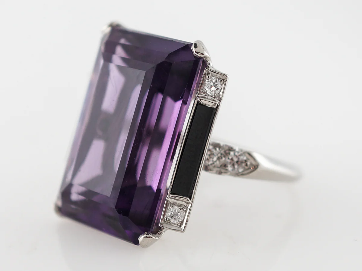 Vintage Right Hand Ring Mid-Century 24.30 Emerald Cut Amethyst & Onyx in Platinum - Image 3