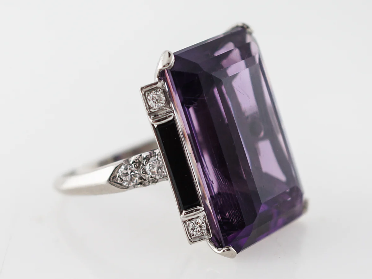 Vintage Right Hand Ring Mid-Century 24.30 Emerald Cut Amethyst & Onyx in Platinum - Image 4