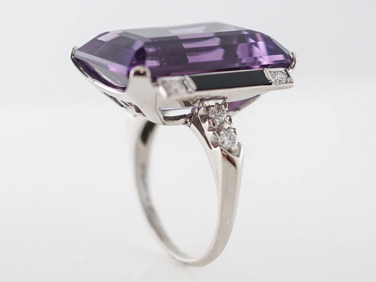 Vintage Right Hand Ring Mid-Century 24.30 Emerald Cut Amethyst & Onyx in Platinum - Image 6