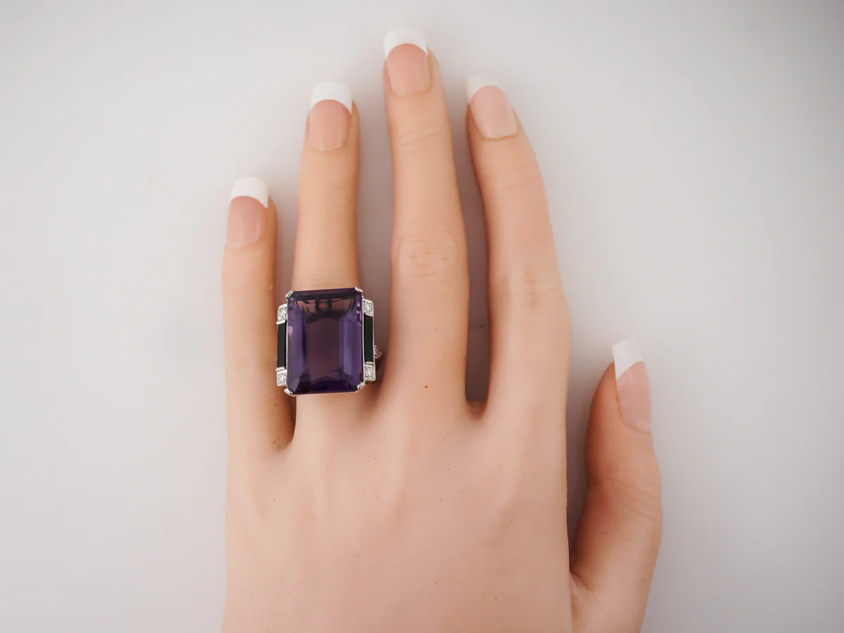 Vintage Right Hand Ring Mid-Century 24.30 Emerald Cut Amethyst & Onyx in Platinum - Image 7