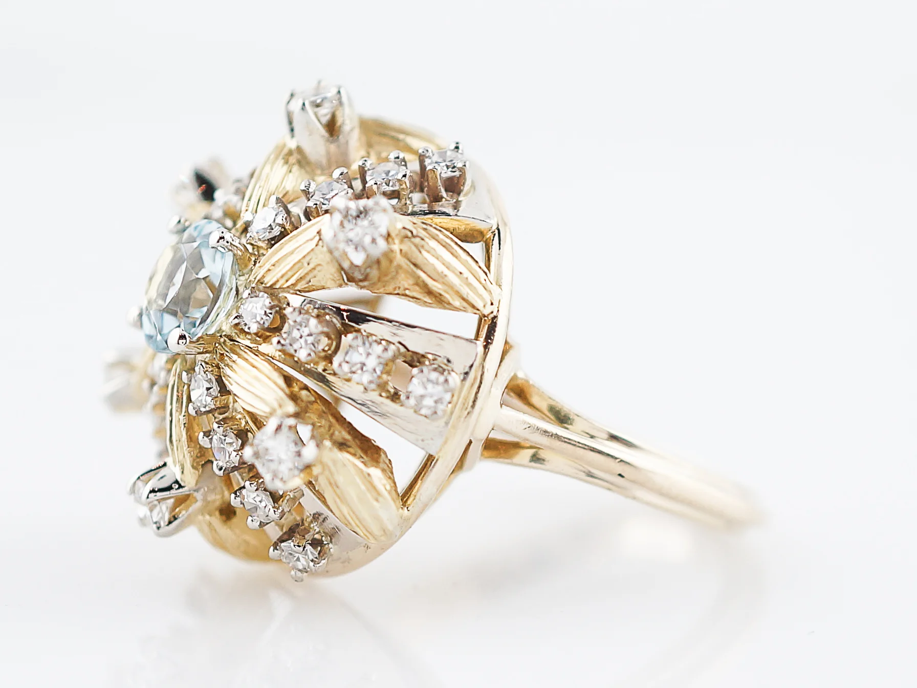 Vintage Right Hand Ring Mid-Century .58 Round Aquamarine & .66 Round Brilliant Cut Diamonds in 14K Yellow Gold - Image 3