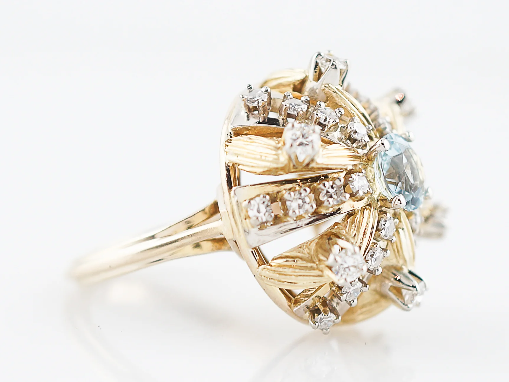 Vintage Right Hand Ring Mid-Century .58 Round Aquamarine & .66 Round Brilliant Cut Diamonds in 14K Yellow Gold - Image 4