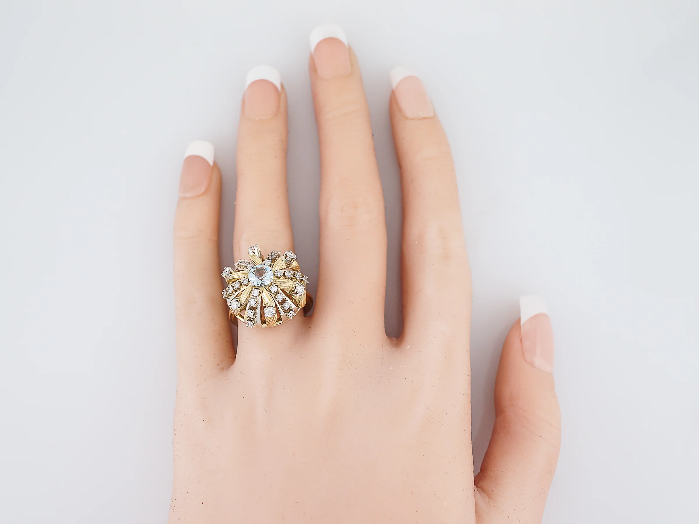 Vintage Right Hand Ring Mid-Century .58 Round Aquamarine & .66 Round Brilliant Cut Diamonds in 14K Yellow Gold - Image 7