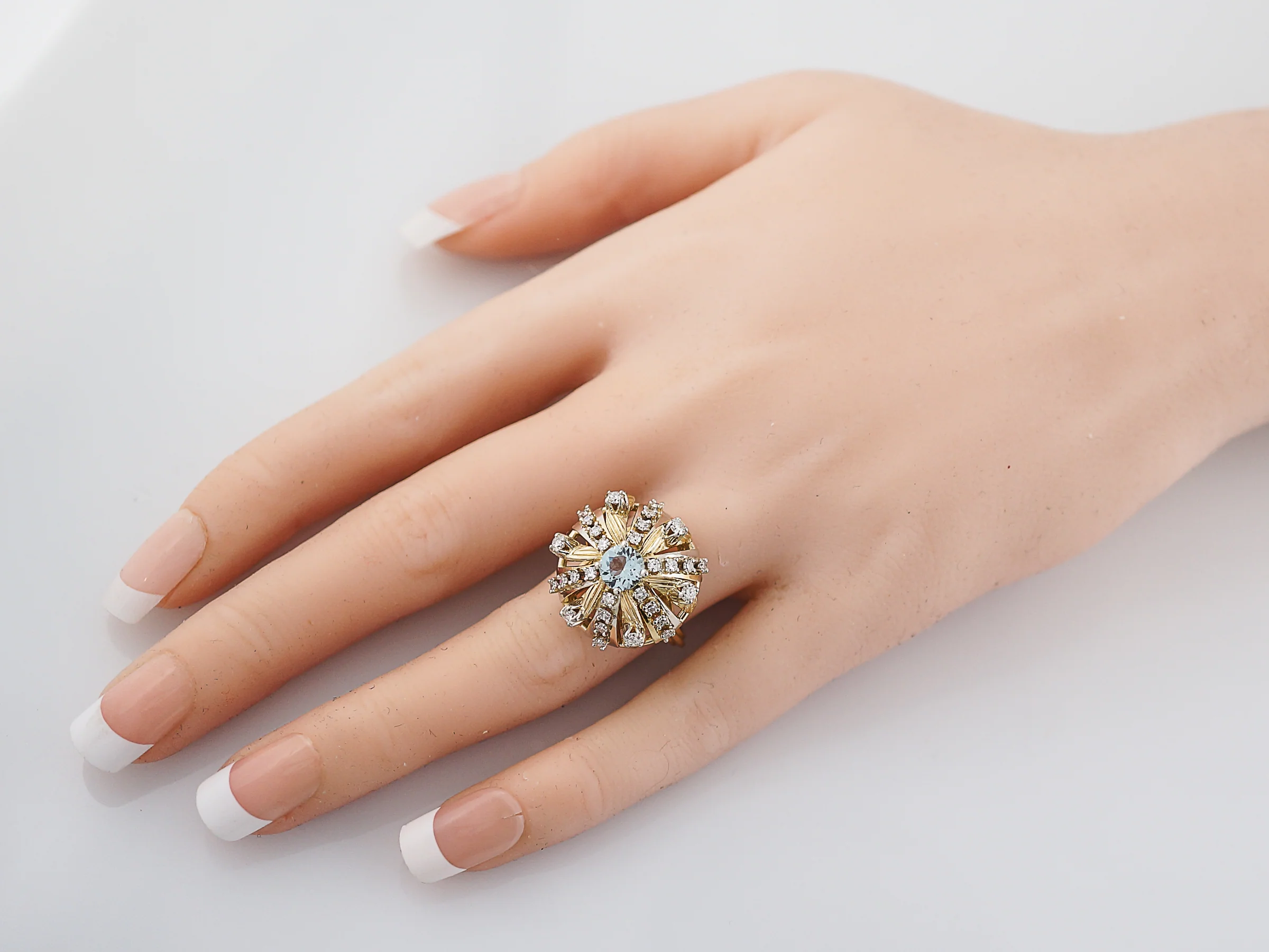 Vintage Right Hand Ring Mid-Century .58 Round Aquamarine & .66 Round Brilliant Cut Diamonds in 14K Yellow Gold - Image 8