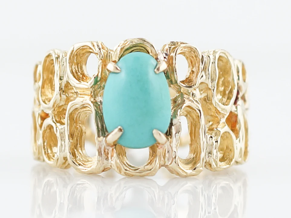 Vintage Right Hand Ring Mid-Century Cabochon Cut Turquoise in 18K Yellow Gold