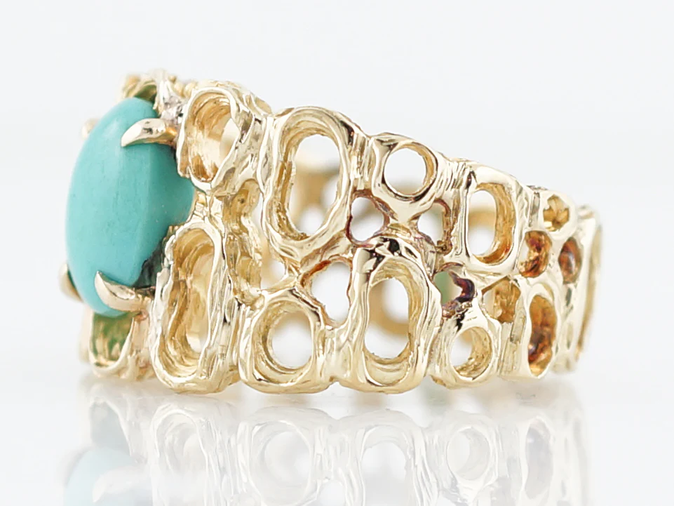 Vintage Right Hand Ring Mid-Century Cabochon Cut Turquoise in 18K Yellow Gold - Image 2
