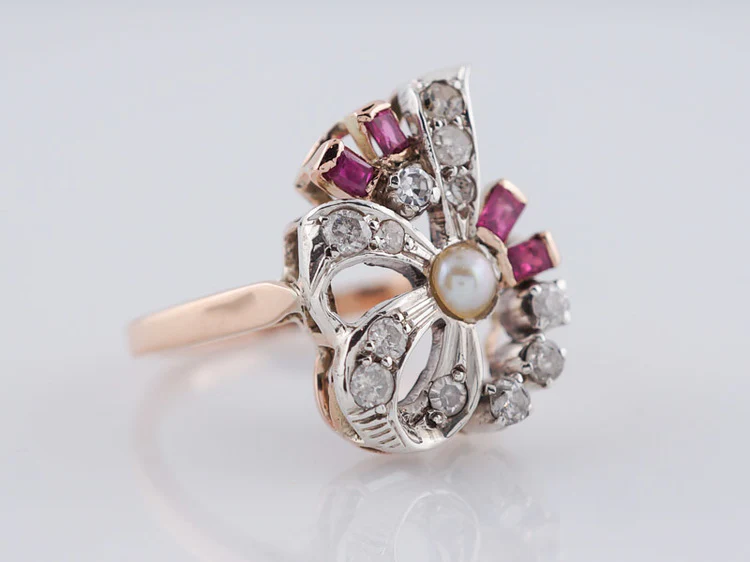 Vintage Right Hand Ring Retro .22ct Single Cut Diamond Ruby & Pearl in 14k Rose Gold - Image 2