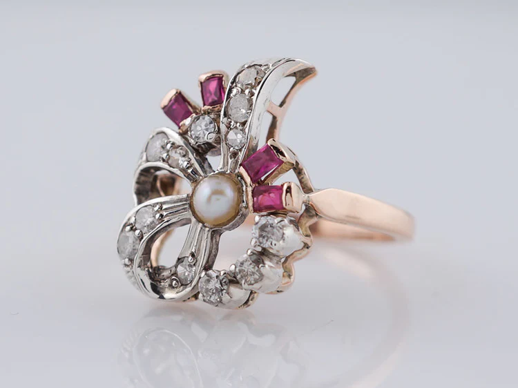 Vintage Right Hand Ring Retro .22ct Single Cut Diamond Ruby & Pearl in 14k Rose Gold - Image 3