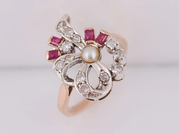 Vintage Right Hand Ring Retro .22ct Single Cut Diamond Ruby & Pearl in 14k Rose Gold - Image 4