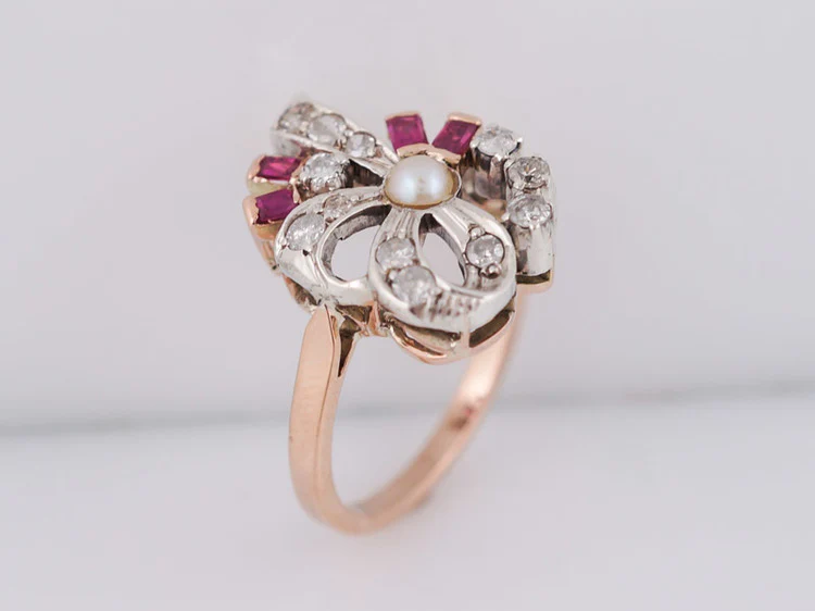 Vintage Right Hand Ring Retro .22ct Single Cut Diamond Ruby & Pearl in 14k Rose Gold - Image 5