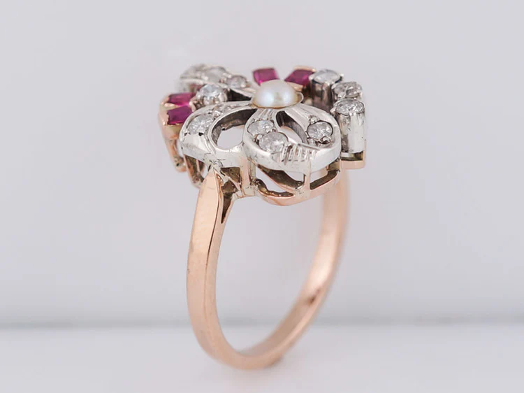 Vintage Right Hand Ring Retro .22ct Single Cut Diamond Ruby & Pearl in 14k Rose Gold - Image 6