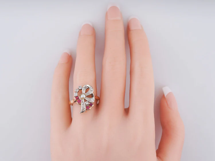 Vintage Right Hand Ring Retro .22ct Single Cut Diamond Ruby & Pearl in 14k Rose Gold - Image 8