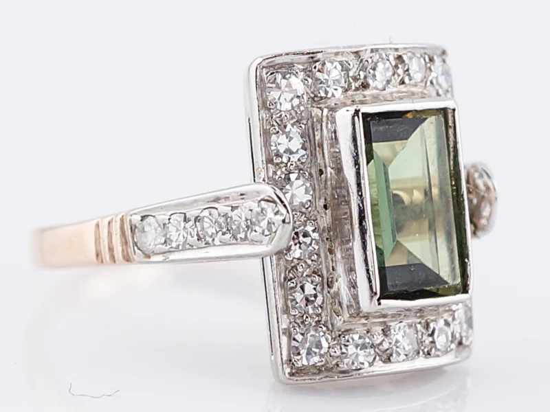 Vintage Right Hand Ring Retro .72 Emerald Cut Green Tourmaline in 14k Yellow & White Gold - Image 3