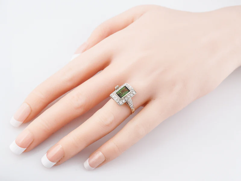Vintage Right Hand Ring Retro .72 Emerald Cut Green Tourmaline in 14k Yellow & White Gold - Image 9