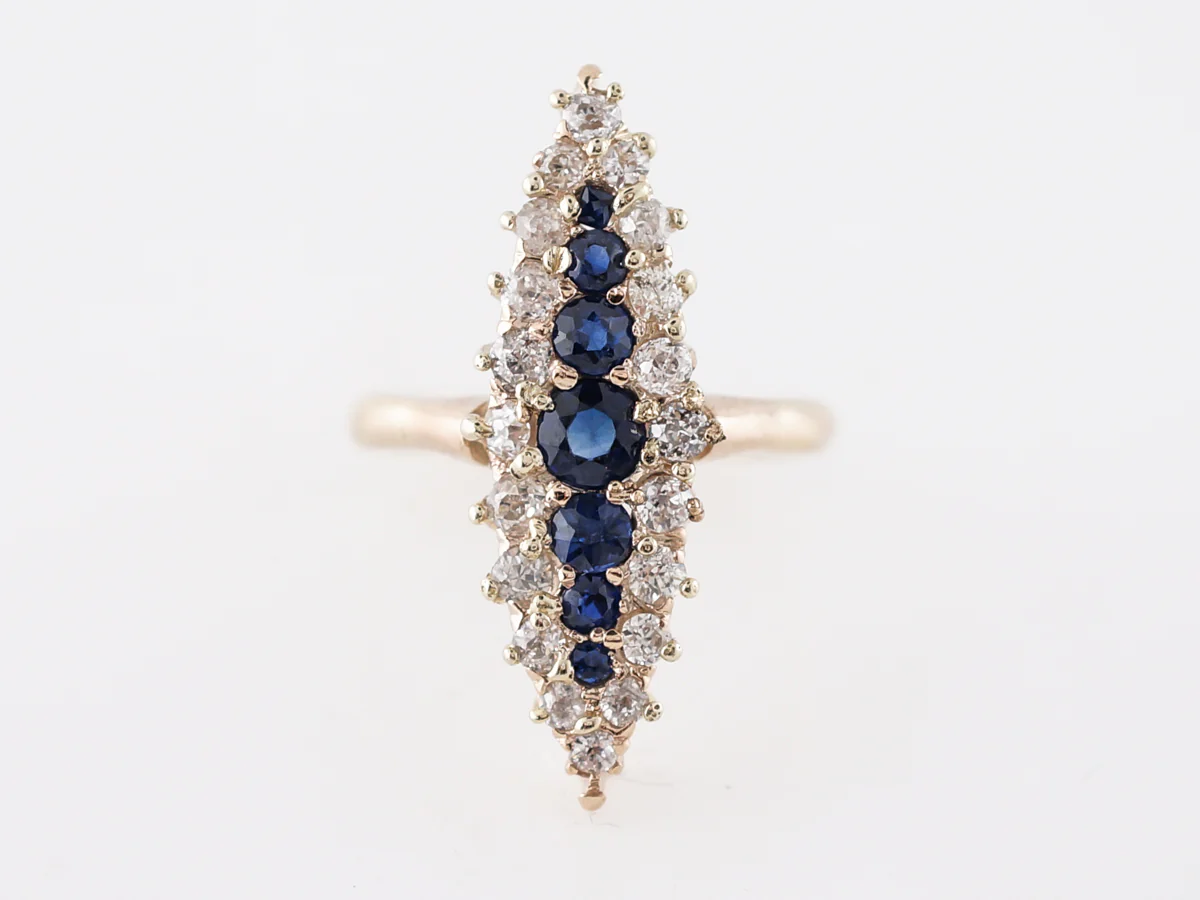 Vintage Right Hand Ring Victorian .60 Old Mine Cut Diamond & Sapphire in 14k Yellow Gold